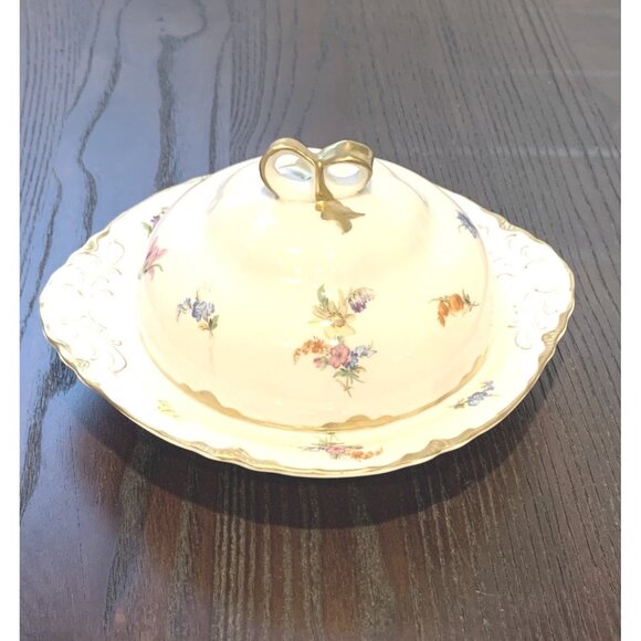 Vintage Dresden By Warwick Round Porcelain Floral Butter Dish With Lid & Gold Ha - Picture 5 of 12